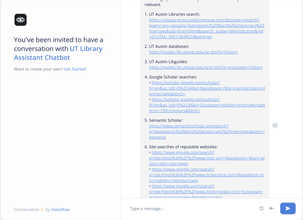 UT Libraries Assistant Chatbot demo where the chatbot provides a number of search links based on the user's research topic.  